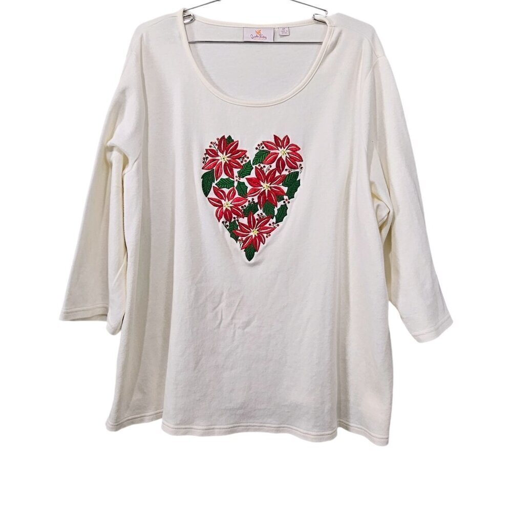 🏆Quacker Factory Embroidered Holiday Poinsettia 3/4 Sleeve Cream Top